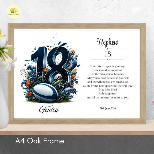 18Th Birthday Print For Nephew Personalised Rugby Wall Art Gift - A4/A3 - image 1