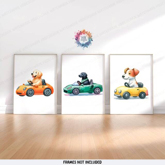 Dog Nursery Posters - Set Of 3 Kids Prints - Vehicle Decor Car Poster Kid Labrador Print Transport Wall Art Boy Girl Bedroom Artwork - image 1