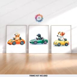 Dog Nursery Posters - Set Of 3 Kids Prints - Vehicle Decor Car Poster Kid Labrador Print Transport Wall Art Boy Girl Bedroom Artwork - thumbnail 1