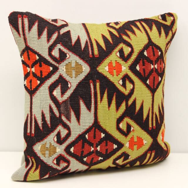 Handmade Kilim Pillow Cover, Vintage Turkish Wool - 16x16 Inch - image 1