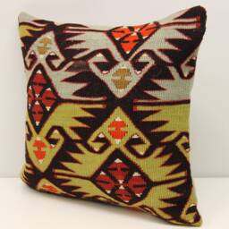 Handmade Kilim Pillow Cover, Vintage Turkish Wool - 16x16 Inch - thumbnail 3