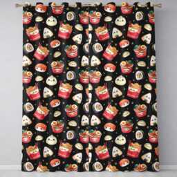 Cute Kawaii Sushi Ramen Dumpling Asian Food Seamless Pattern Black Background Readymade Eyelet Ring Top Thermal 100% Blackout Curtains - thumbnail 2