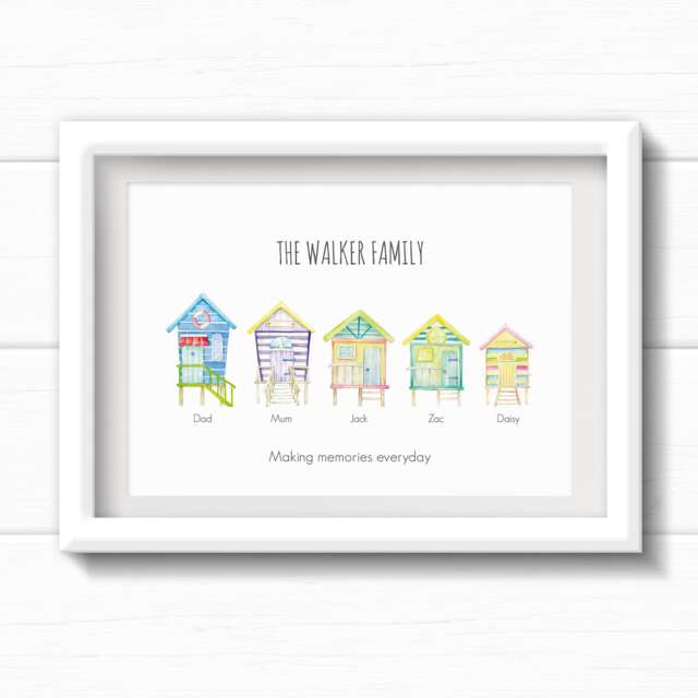 Beach Family Wall Art. Hut Family Print, Personalised Birthday Gift For Beach Loving Family. Coastal Housewarming Present - image 1