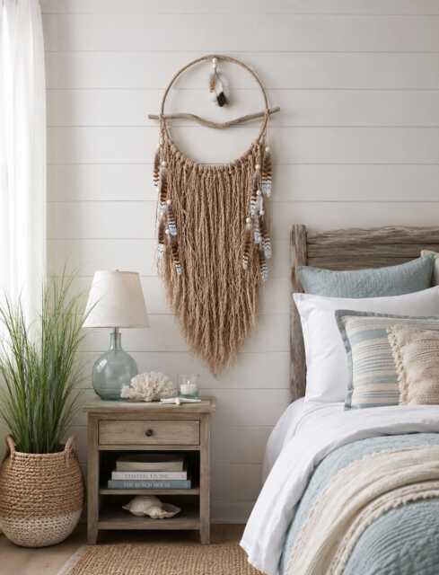 Wall Hanging, Hemp Rope Seagrass Driftwood Feather Seashell Bohemian Decor, Boho Style Hanging - image 1