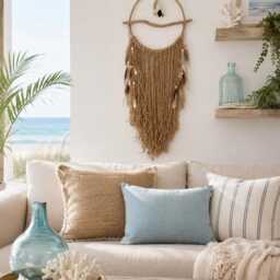 Wall Hanging, Hemp Rope Seagrass Driftwood Feather Seashell Bohemian Decor, Boho Style Hanging - thumbnail 2