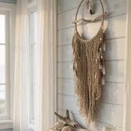 Wall Hanging, Hemp Rope Seagrass Driftwood Feather Seashell Bohemian Decor, Boho Style Hanging - thumbnail 3