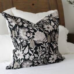 Black Floral Cushion Cover 45x45cm Cotton Pillow With Feather Insert Home Decor Gift - thumbnail 2