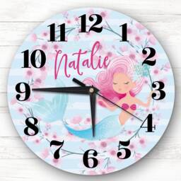 Floral Pink Hair Mermaid Girls Room Custom Gift Personalised Clock - thumbnail 1