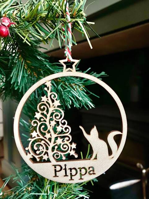 Personalised Cat Christmas Ornament Wood Bauble, Secret Santa Gift, Pet Memorial - image 1