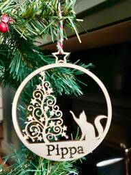 Personalised Cat Christmas Ornament Wood Bauble, Secret Santa Gift, Pet Memorial