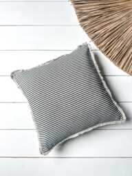 Washed Linen Pillow Case With Natural Fringe in Black, Blue, Red & Green Stripes/ Stripes Cushion Cover Frayed Edge - thumbnail 1
