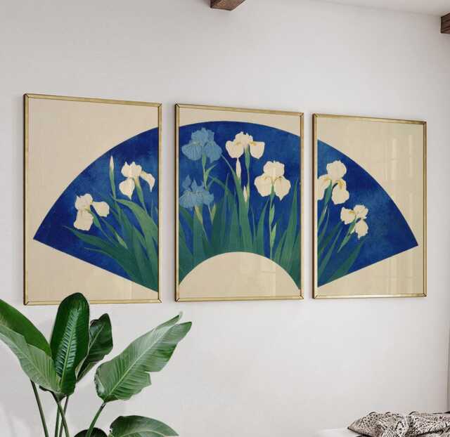 Iris Flower Fan Posters Set Of 3, Japanese Botanical Blue Art Prints Wall Decor - image 1