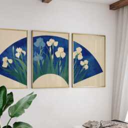 Iris Flower Fan Posters Set Of 3, Japanese Botanical Blue Art Prints Wall Decor - thumbnail 2