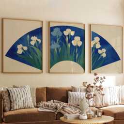 Iris Flower Fan Posters Set Of 3, Japanese Botanical Blue Art Prints Wall Decor - thumbnail 3