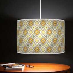 Tribal Diamond Lampshade - Yellow, Orange & Blue Drum Pendant Light Handmade Boho Ceiling Shade For Eclectic Home Decor - thumbnail 2