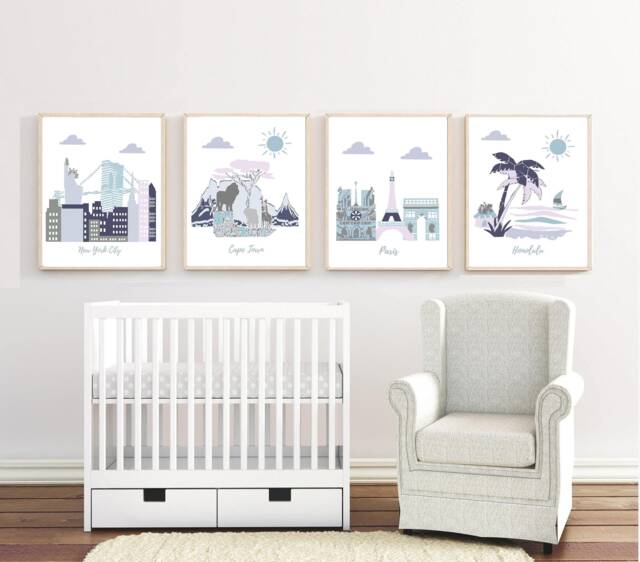 Cityscape Nursery Prints, Set Of 4, Honolulu, Paris, Nyc, Cape Town - image 1