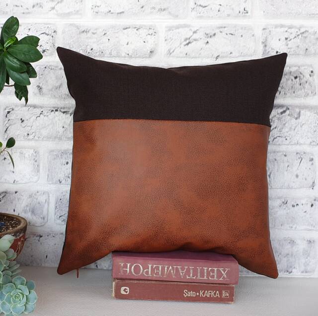 Terracotta Faux Leather Pillow Cover Dark Brown Poly-Linen Back - image 1
