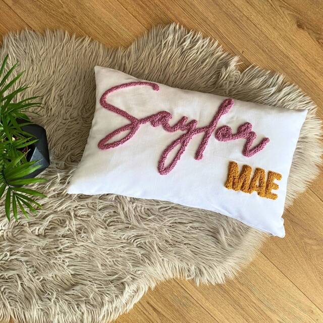 Personalized Name Pillow, Punch Needle Embroidered Linen Cushion, Baby Gift - image 1
