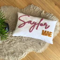 Personalized Name Pillow, Punch Needle Embroidered Linen Cushion, Baby Gift - thumbnail 1