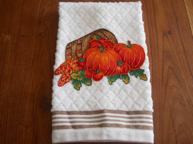 Thanksgiving Hand Towel Appliqued Pumpkin Basket, Fall Decor - image 1