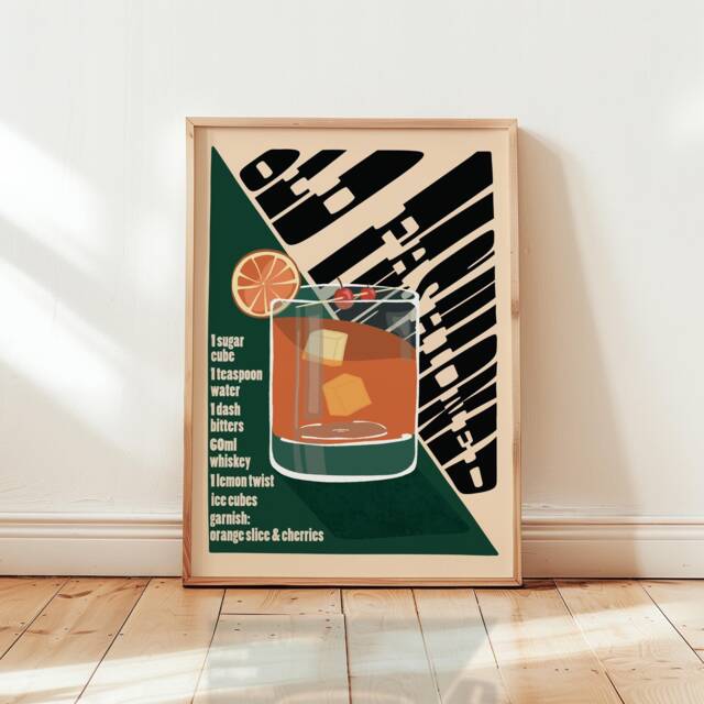 Old Fashioned Cocktail Print, Home Bar Poster, Kitchen Prints, Retro Alcohol Gift, Decor, Wall Art, Print/Unframed - image 1