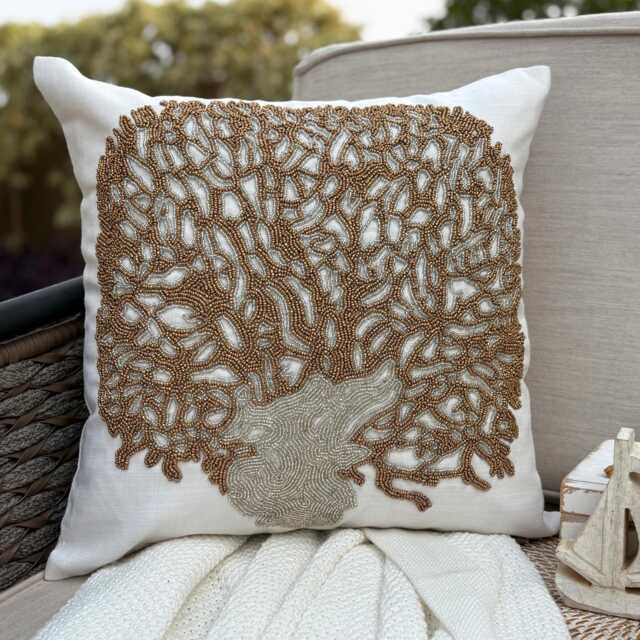 Cotton Linen Ivory Beaded Nature & Floral Throw Pillow Cover, Modern Cushion Cover/Euro Sham - Gold Oak Tree - image 1