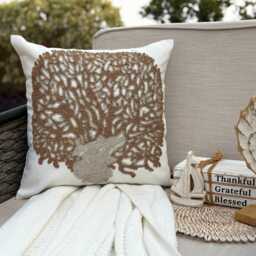 Cotton Linen Ivory Beaded Nature & Floral Throw Pillow Cover, Modern Cushion Cover/Euro Sham - Gold Oak Tree - thumbnail 2