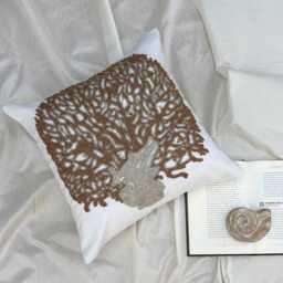 Cotton Linen Ivory Beaded Nature & Floral Throw Pillow Cover, Modern Cushion Cover/Euro Sham - Gold Oak Tree - thumbnail 3