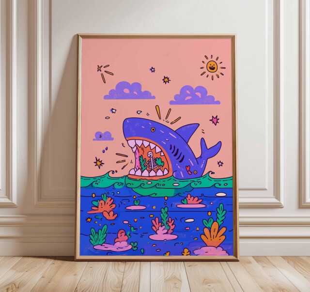 Cartoon Shark Poster, Colorful Ocean Wall Art, Fun Pop Art Sea Life Print, Quirky Underwater Scene Home Decor - image 1