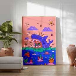 Cartoon Shark Poster, Colorful Ocean Wall Art, Fun Pop Art Sea Life Print, Quirky Underwater Scene Home Decor - thumbnail 3