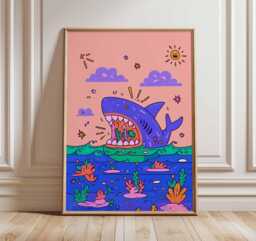 Cartoon Shark Poster, Colorful Ocean Wall Art, Fun Pop Art Sea Life Print, Quirky Underwater Scene Home Decor - thumbnail 1