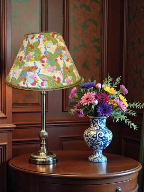 Peacock Fabric Lampshade, Cream Tapered Drum, Green Gold Braid, UK Made - image 1
