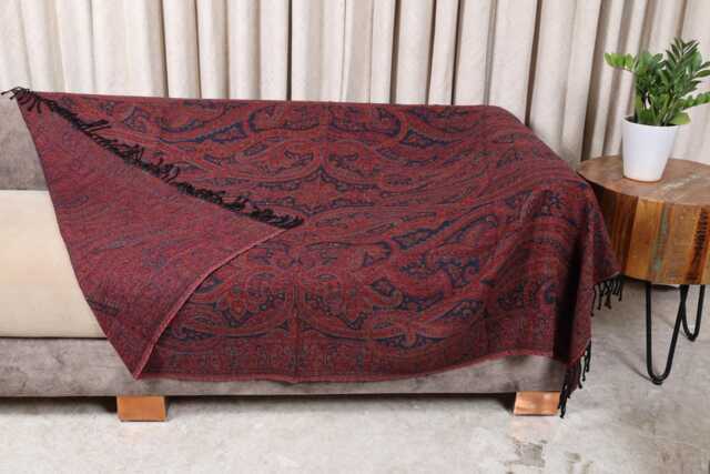Luxury Boiled Pure Merino Wool Reversible Sofa Or Bed Throws For Ultimate Comfort & Style - Classic Indian Blue & Red Paisley - image 1