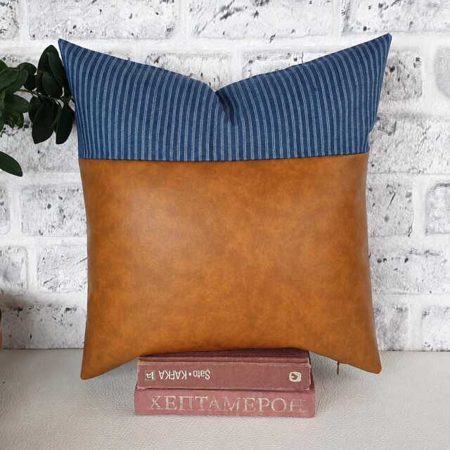 Camel Faux Leather Pillow Cover Blue Striped Denim Accent - image 1
