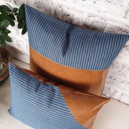 Camel Faux Leather Pillow Cover Blue Striped Denim Accent - thumbnail 2