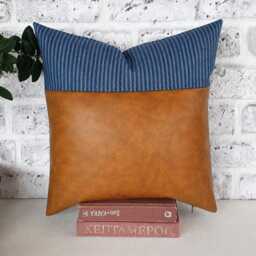 Camel Faux Leather Pillow Cover Blue Striped Denim Accent