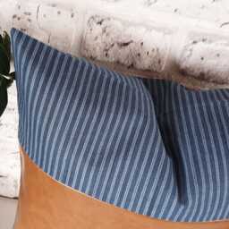 Camel Faux Leather Pillow Cover Blue Striped Denim Accent - thumbnail 4