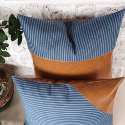 Camel Faux Leather Pillow Cover Blue Striped Denim Accent - thumbnail 3