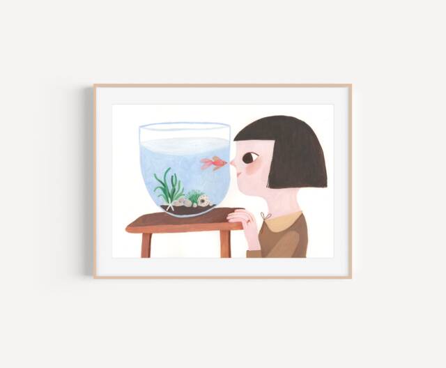 My Gold Fish, Original Artwork For Girl's Room Decor, Sister's Wall Art, Nursery Baby Girl Decor - image 1