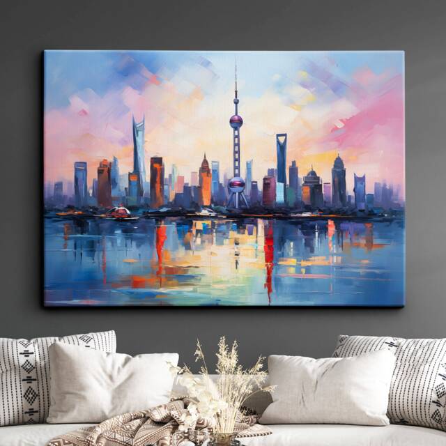 Shanghai Skyline Inspired China Landmark Oil Painting Watercolor Wall Art Framed Calming Canvas Poster Print Home/Office Room Decor Gifts - image 1