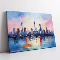Shanghai Skyline Inspired China Landmark Oil Painting Watercolor Wall Art Framed Calming Canvas Poster Print Home/Office Room Decor Gifts - thumbnail 2