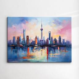 Shanghai Skyline Inspired China Landmark Oil Painting Watercolor Wall Art Framed Calming Canvas Poster Print Home/Office Room Decor Gifts - thumbnail 3