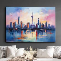 Shanghai Skyline Inspired China Landmark Oil Painting Watercolor Wall Art Framed Calming Canvas Poster Print Home/Office Room Decor Gifts - thumbnail 1