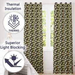White Buttercup Flowers Dark Green Botanical Seamless Pattern Elegant Readymade Eyelet Ring Top Thermal 100% Blackout Curtains - thumbnail 3