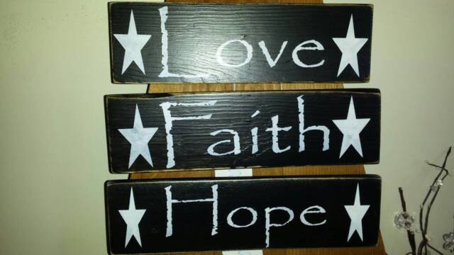 Primitive Wood Sign Love Hope Faith Distressed Pallet Reclaimed Rustic Decor Star Wall Hanging - image 1