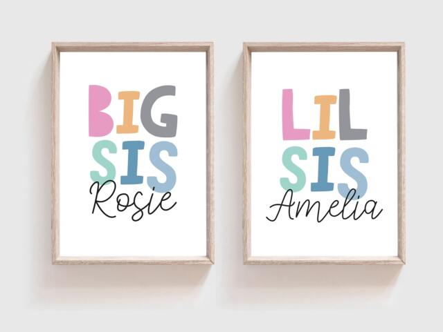 Set Of 2 Sister Prints, Big Sis Lil Sis, Girls Wall Art, Shared Bedroom, Siblings Posters, Twins - image 1