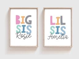 Set Of 2 Sister Prints, Big Sis Lil Sis, Girls Wall Art, Shared Bedroom, Siblings Posters, Twins - thumbnail 1