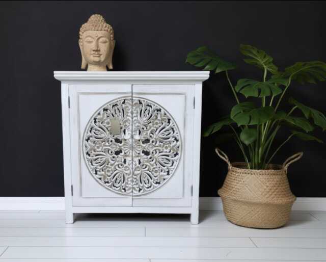 Hand Carved Whitewash Storage Cabinet- Ornate Bohemian Wood Cupboard- H84cm W80cm- Lounge, Hall, Bedroom, Bathroom Furniture - image 1