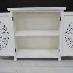 Hand Carved Whitewash Storage Cabinet- Ornate Bohemian Wood Cupboard- H84cm W80cm- Lounge, Hall, Bedroom, Bathroom Furniture - thumbnail 3