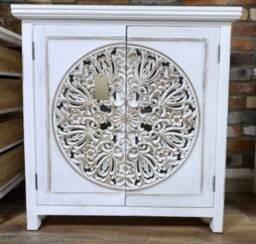 Hand Carved Whitewash Storage Cabinet- Ornate Bohemian Wood Cupboard- H84cm W80cm- Lounge, Hall, Bedroom, Bathroom Furniture - thumbnail 2
